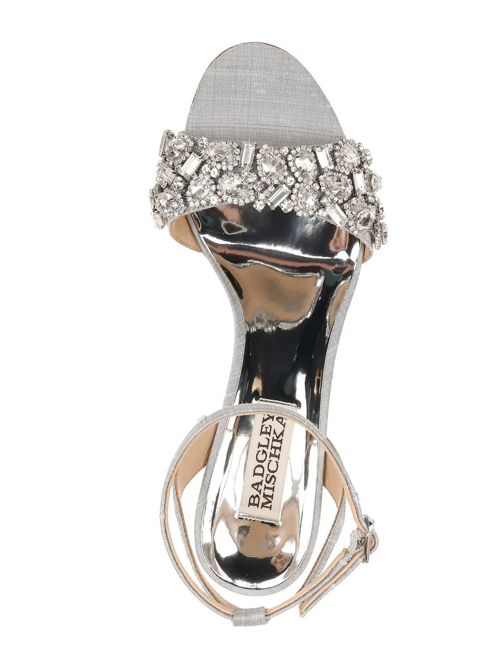 7 Rhinestone Silver Heel MISCHKA Womens Buckle BADGLEY Round Toe Dress Strap Block Toe Sandals Shoes Metallic