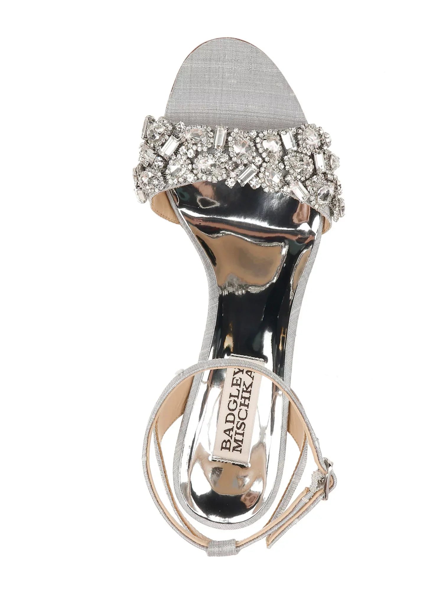 7 Rhinestone Silver Heel MISCHKA Womens Buckle BADGLEY Round Toe Dress Strap Block Toe Sandals Shoes Metallic