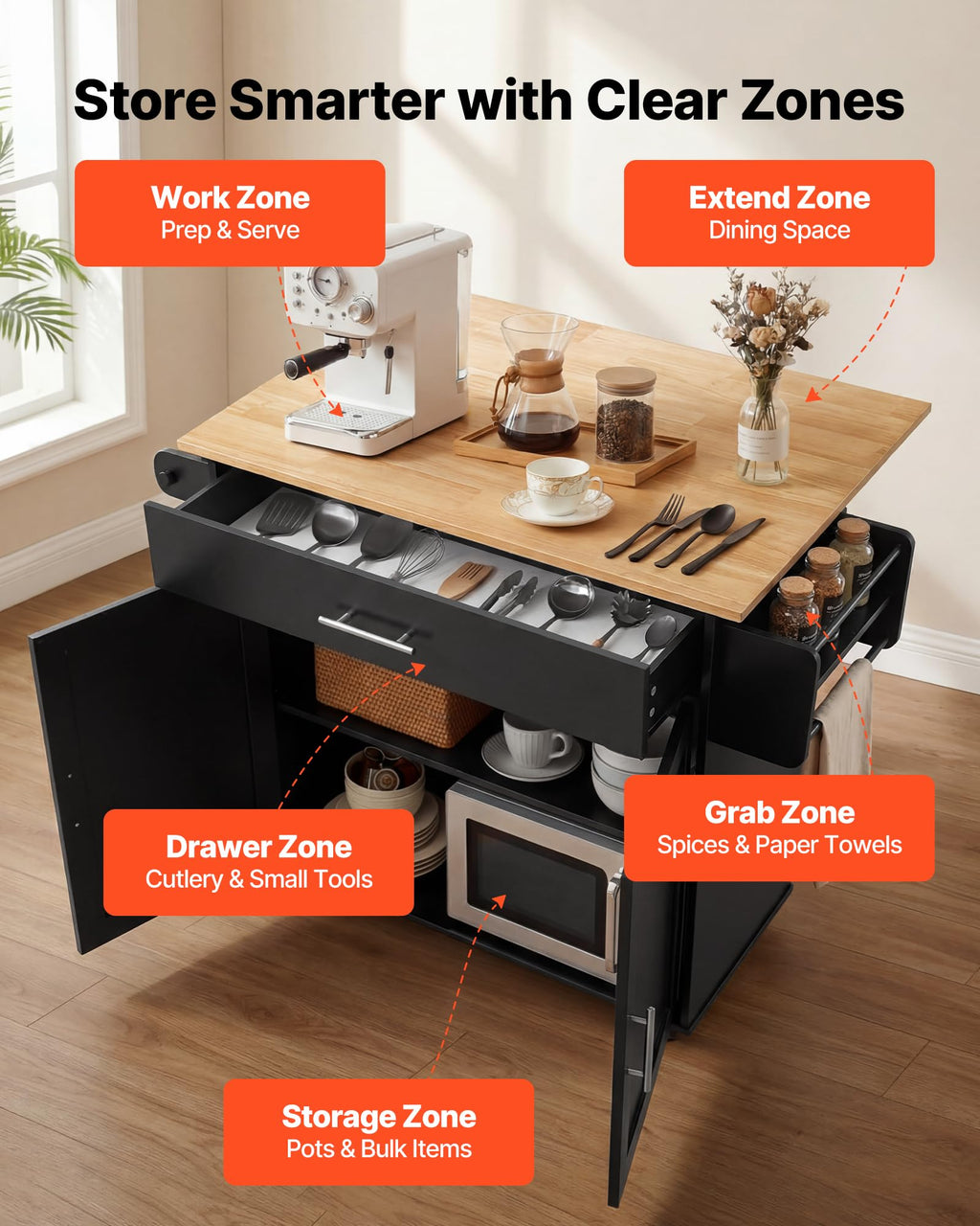 VEVOR Kitchen Island Cart with Storage, 42.28 in Wide Mobile Rolling Storage Island on Swivel Wheels, with Drawer, Storage Cabinet, Drop Leaf, Spice Rack, Table for Home Dining Room, White