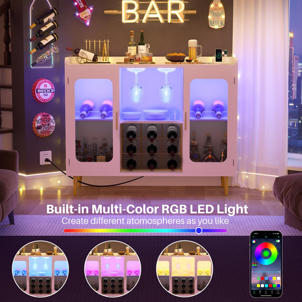 iSunirm Wine Bar Cabinet with Power Outlet & LED Light, Black Oak