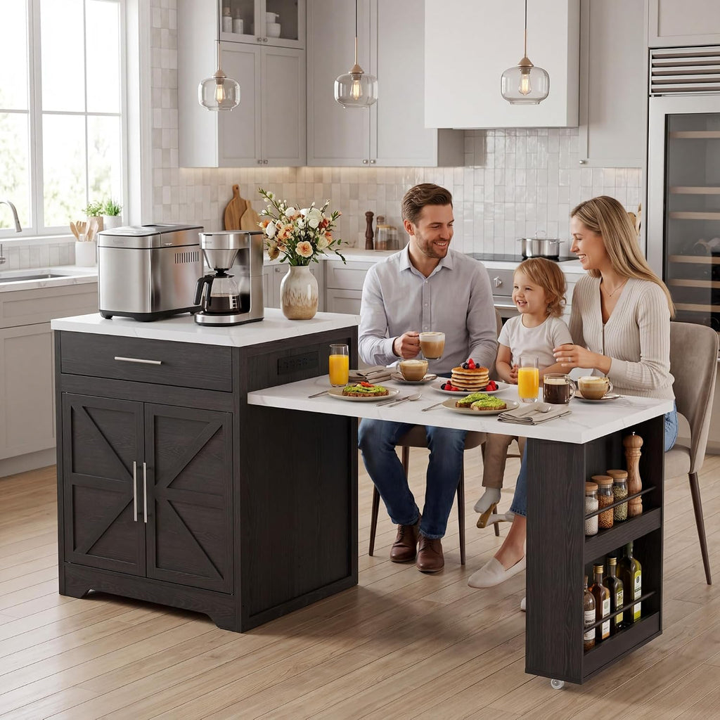 Black Kitchen Island with Extendable Dining Table, Kitchen Island Cart with Power Outlet, Storage Cabinet & Large Drawer, Faux Marble Top