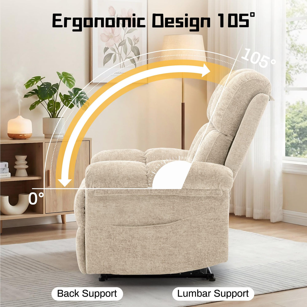 Korser Recliner Chair, Living Room Recliner Chairs for Adults, Small Recliners for Small Spaces, Upholstered Manual Recliner with Side Pockets, Comfy Nursery Chair for Living Room, Chenille, Beige