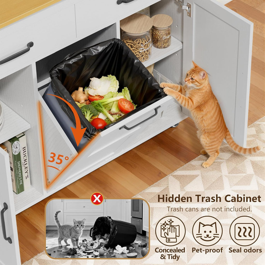 YESHOMY Kitchen Island on Wheels with Trash Cabinet, White & Brown