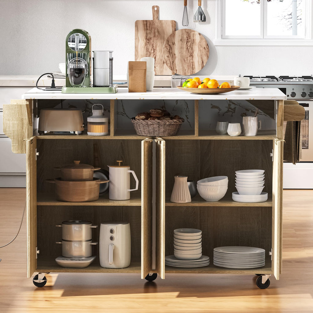 Large Fluted Kitchen Island Cart on Wheels with Storage, Natural