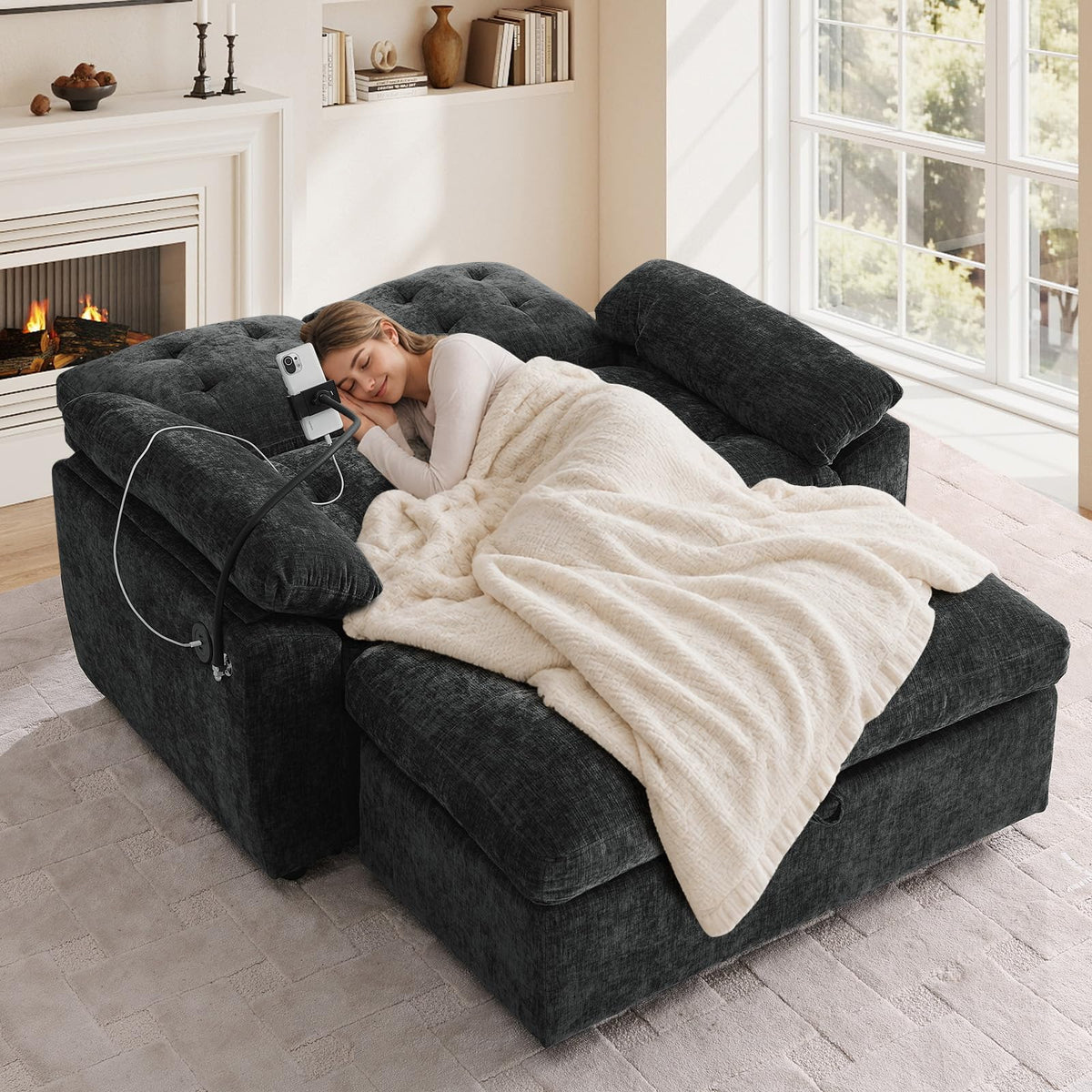 Oversized Chaise Lounge Chair Indoor, Single Convertible Recliner Reading Arm Sofa Chair W/Adjustable Backrest & Charging Port Couch Bed for Living Room, Home Theater & Bedroom, Brown