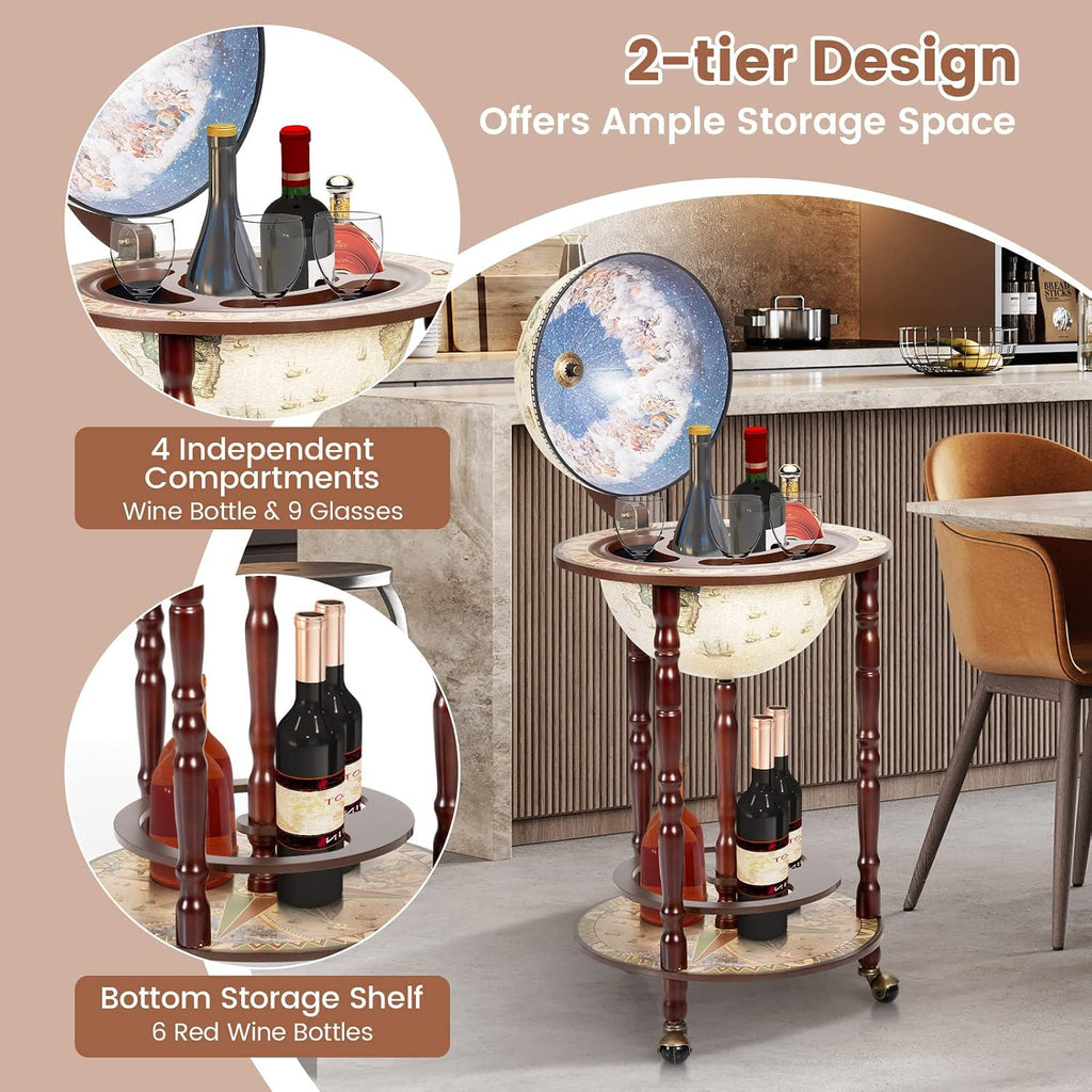 Goplus Globe Bar, 17.5â Globe Bar Liquor Cabinet with Wheels, Bottom Shelf, Old World Map, 16th Century Italian Replica Bar Globe, Retro Wine Stand, Globe Bar Cart for Dining Room Living Room Home