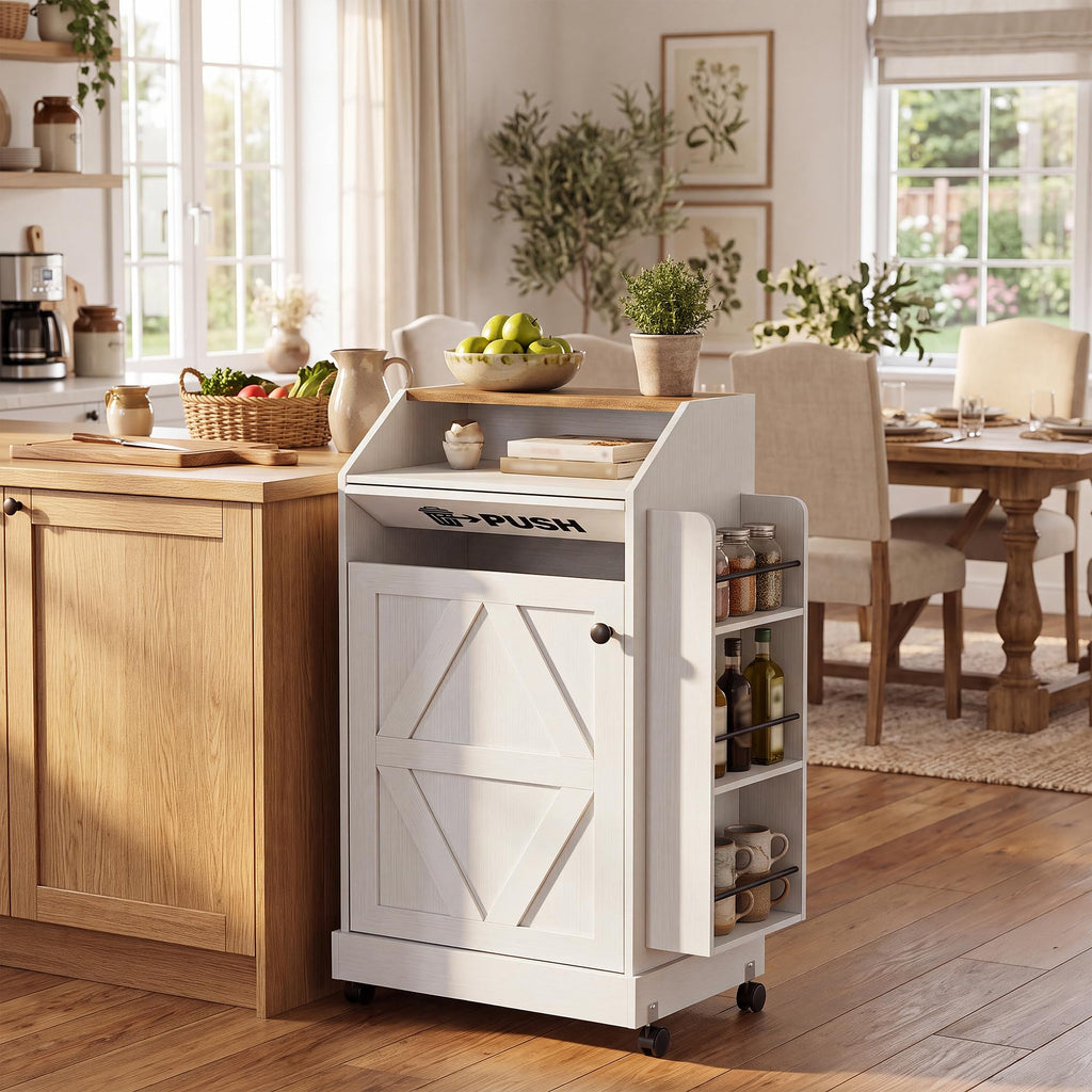 YESHOMY Kitchen Island on Wheels with Trash Cabinet, White & Brown