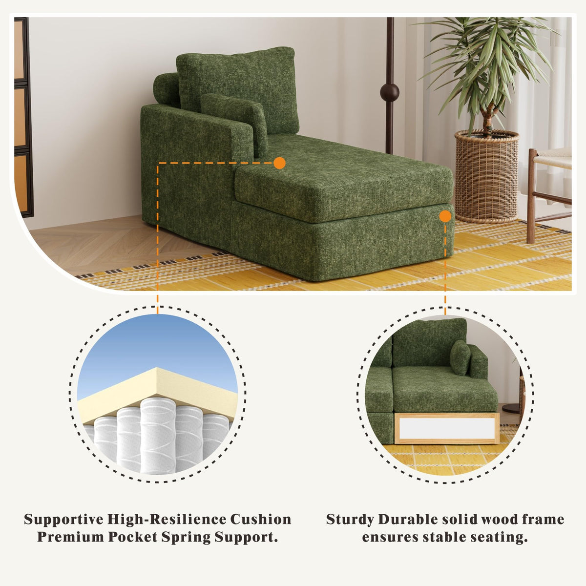 Modern 32''W Chaise Lounge with Armrest (Hold Right Arm), Indoor Recliner, Comfy Deep Seat Sleeper Chair Single Sofa Bed for Apartment, Living Room, Ivory L.