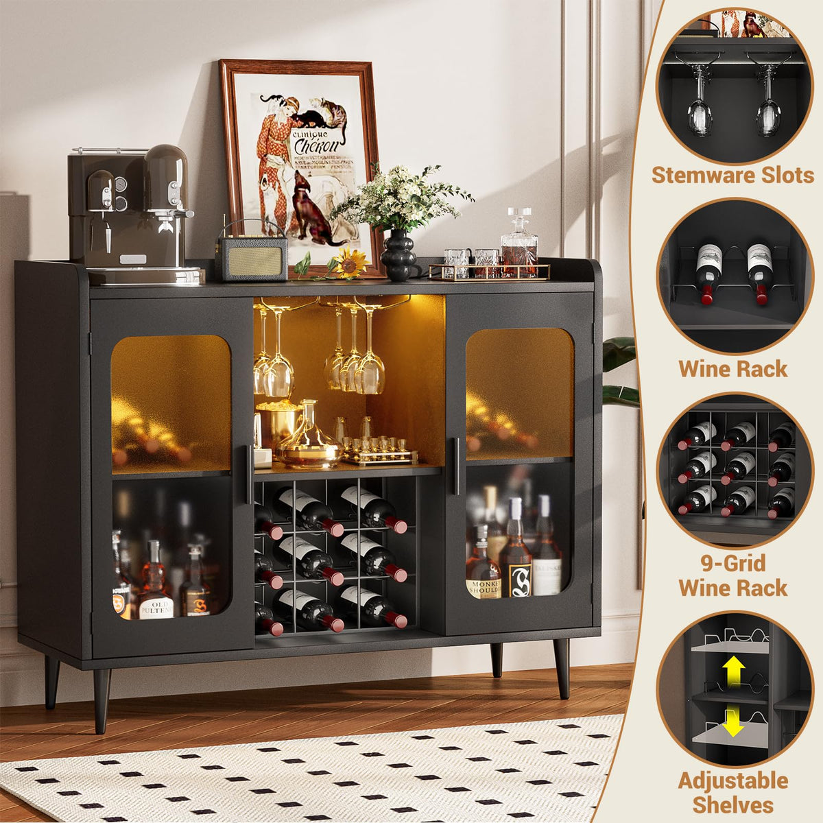 iSunirm Wine Bar Cabinet with Power Outlet & LED Light, Black Oak