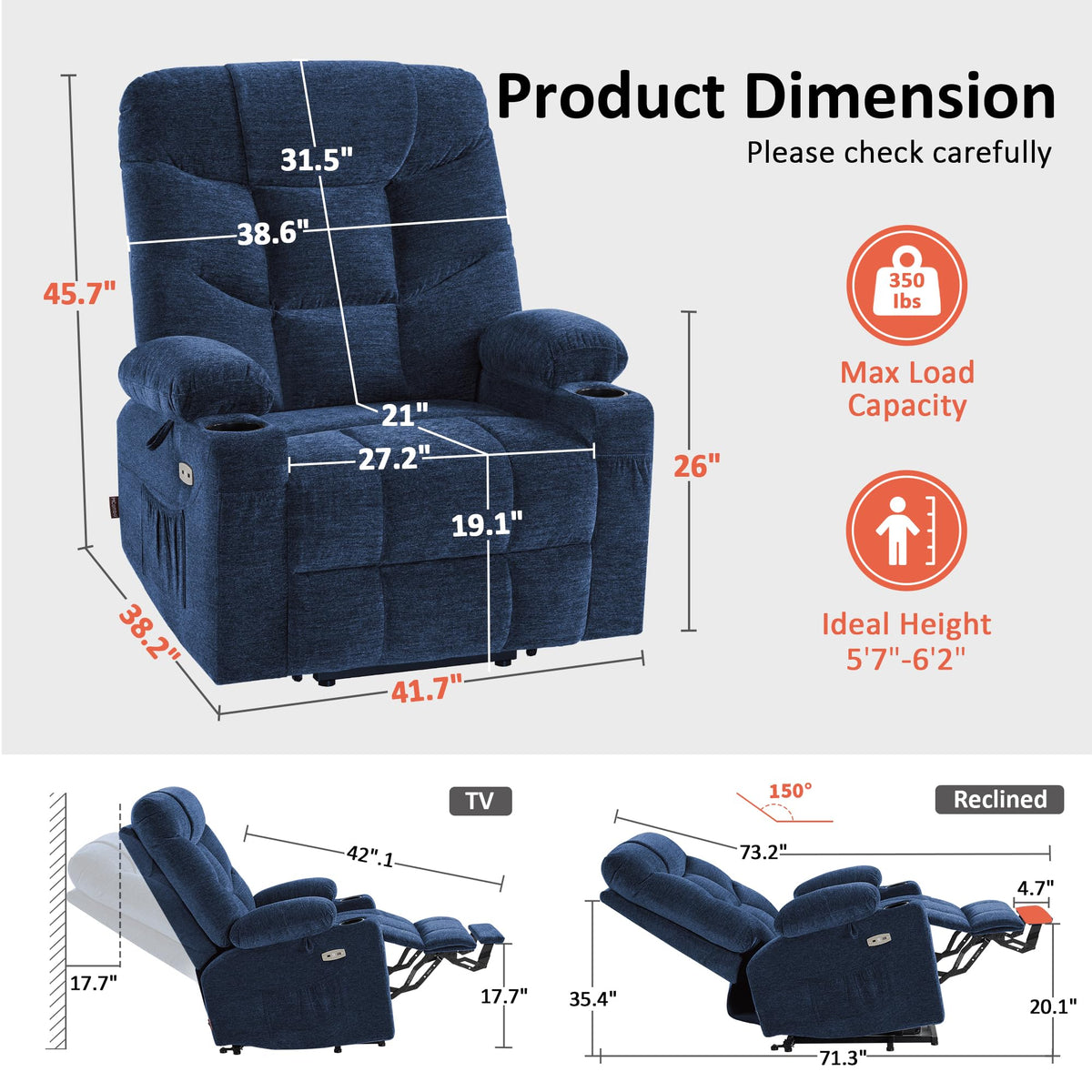 MCombo Power Lift Recliner for Elderly, Fabric 7287 (Light Grey, Medium)