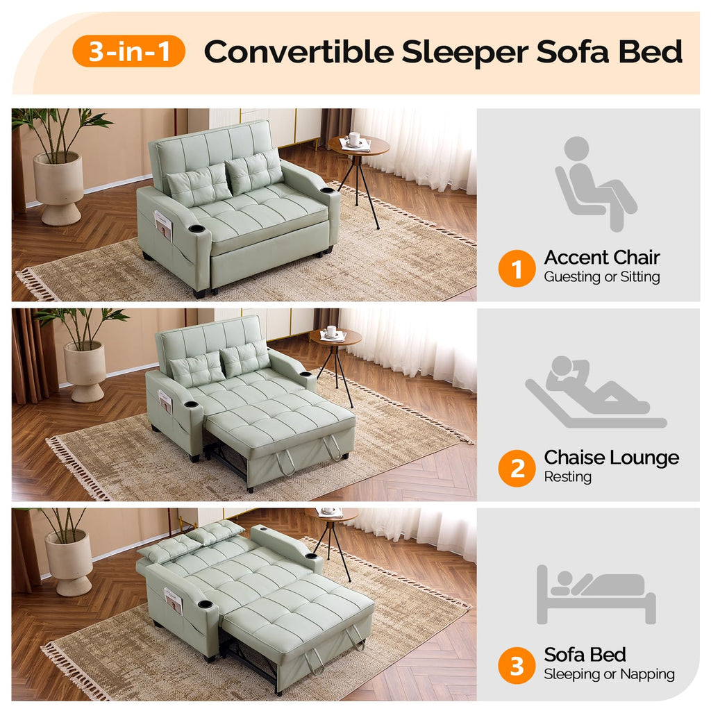 VINGLI Light Grey Futon Sofa Bed Convertible Loveseat Sleeper Couch, Faux Leather Pullout Sofa Fold Out Couch Bed with USB Ports, Cup Holders, Armrest for Living Room, Bedroom Apartment Room