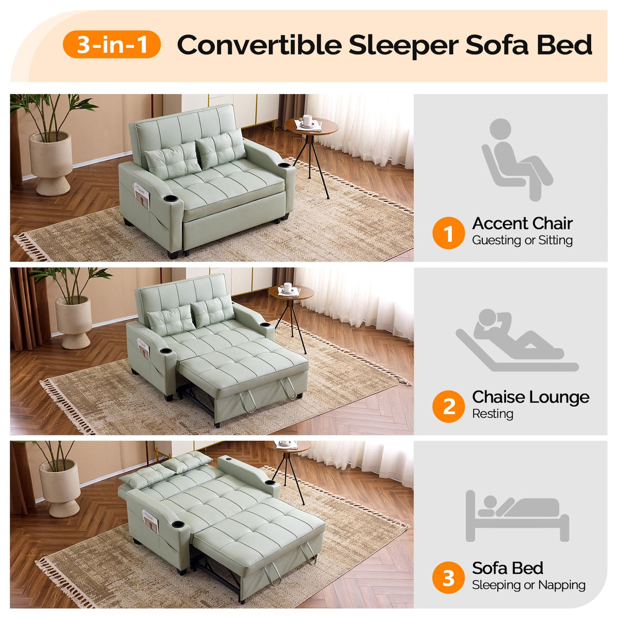 VINGLI Light Grey Futon Sofa Bed Convertible Loveseat Sleeper Couch, Faux Leather Pullout Sofa Fold Out Couch Bed with USB Ports, Cup Holders, Armrest for Living Room, Bedroom Apartment Room