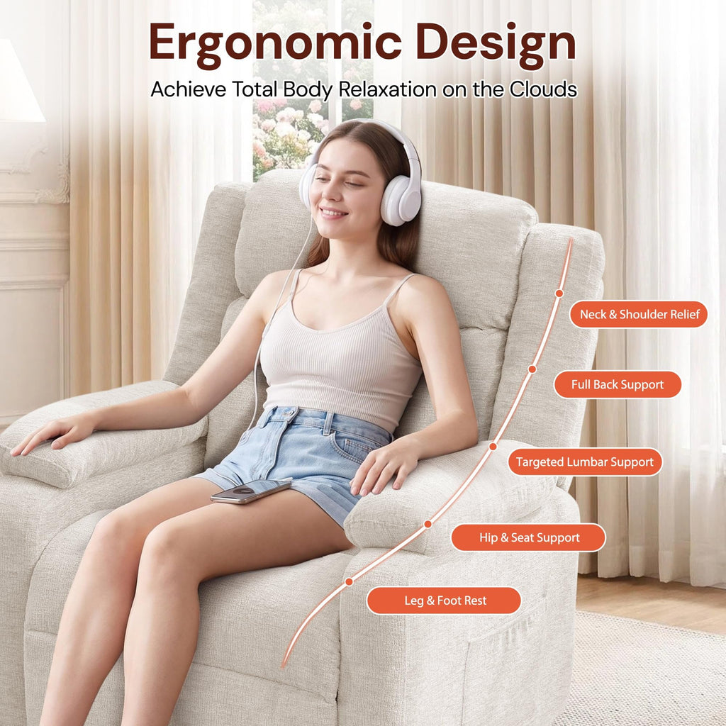 Korser Power Recliner Chair for Adults, Oversized Electric Recliner with Thickened Cushions, Reclining Chair for Bedroom, Living Room Chairs with Side Pockets, Chenille
