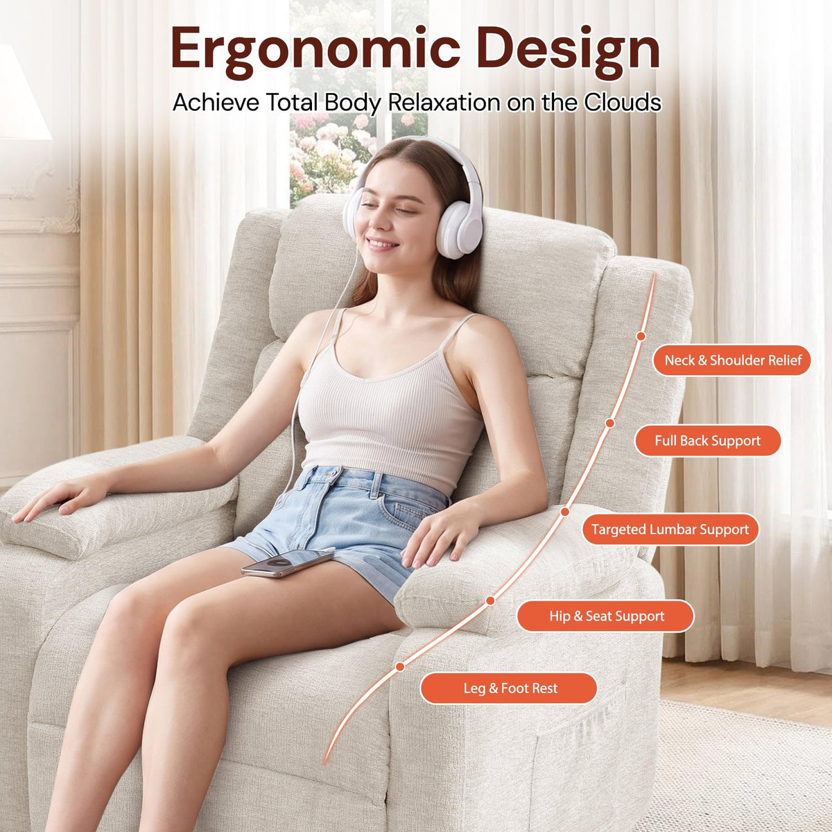 Korser Power Recliner Chair for Adults, Oversized Electric Recliner with Thickened Cushions, Reclining Chair for Bedroom, Living Room Chairs with Side Pockets, Chenille