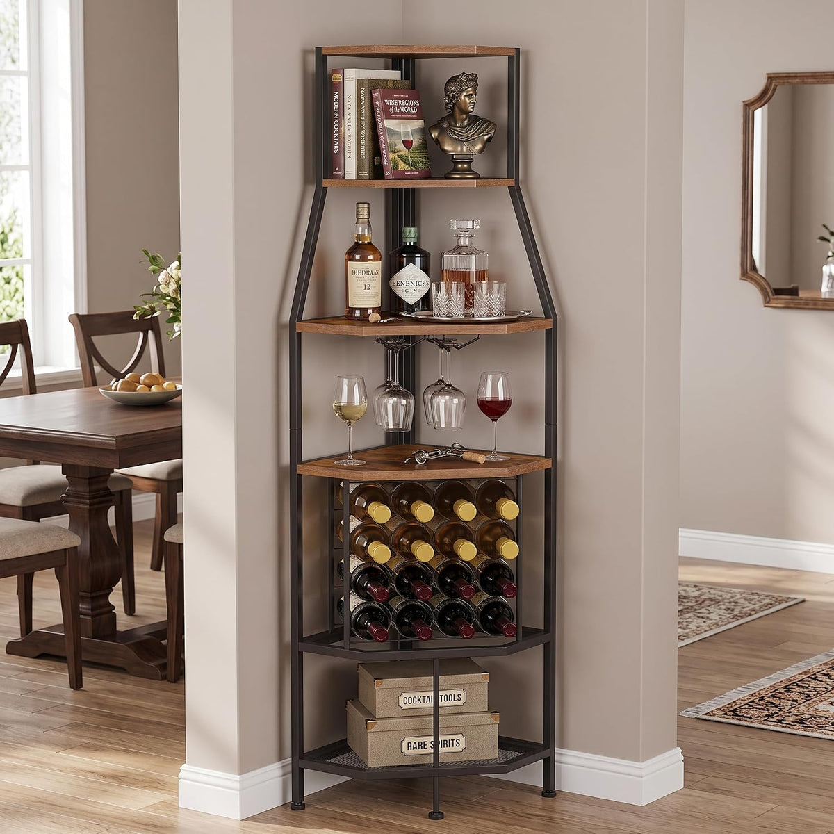 5-Tier Corner Wine Rack with Glass Holder, Floorstanding Wine Storage