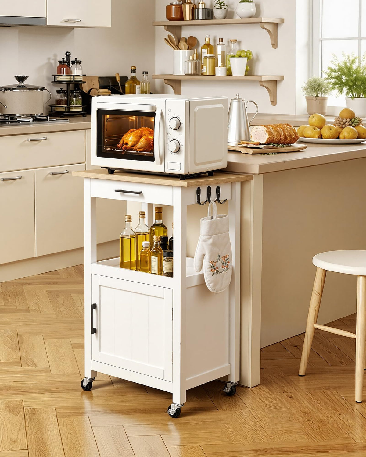 VEVOR Kitchen Island Cart with Storage, 47.64 in Wide Mobile Rolling Storage Island on Swivel Wheels, with 2 Drawers, Storage Cabinet, Drop Leaf, Towel Rack, Table for Home Dining Room, White