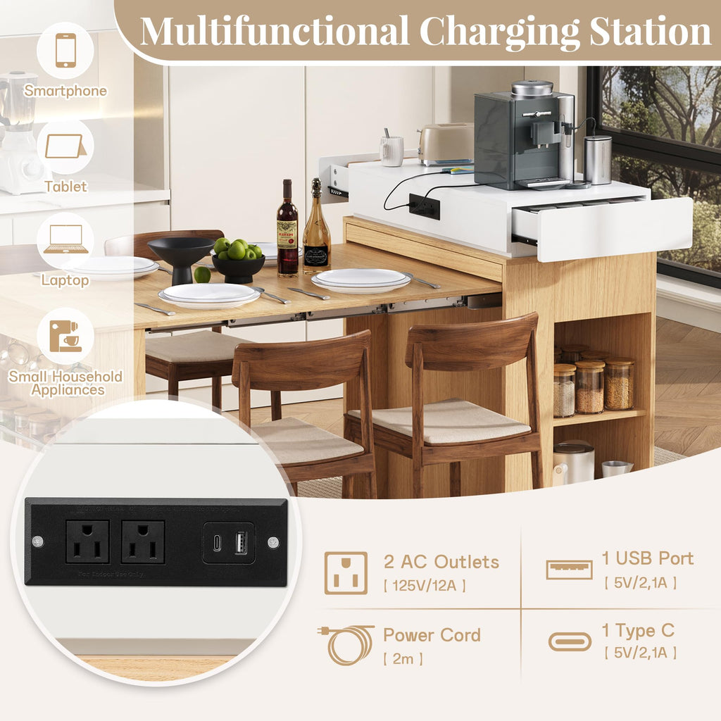 Extendable Dining Table with Folding Tabletop & Power Outlet, Modern Kitchen Island Sideboard with Wheels, Hidden Drawers & USB Charging, Sturdy Buffet Table for Small Spaces (Black)