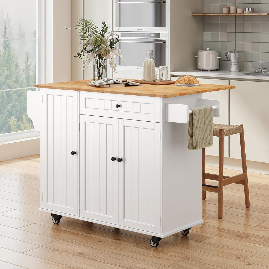 Ahomly Rolling Kitchen Island with Storage, Drop Leaf and Drawer, White