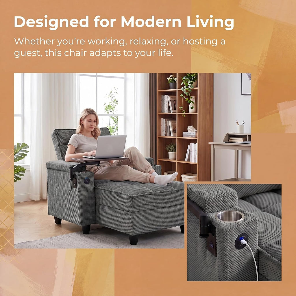Convertible Sleeper Chair, Pull Out Sofa Bed with Adjustable Backrest & Hidden Storage Armrest, Single Sofa Recliner with USB Charging Port & Cup Holders for Living Room, Bedroom, Dark Gray