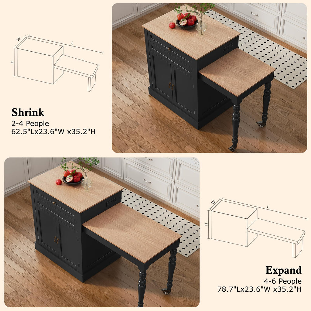 HLR 72" Kitchen Island with Extendable Table for 2-4, Island Table for Kitchen with Power Outlet and Storage Slide Out Legs, Rolling Islands Cart with 2 Doors (White)