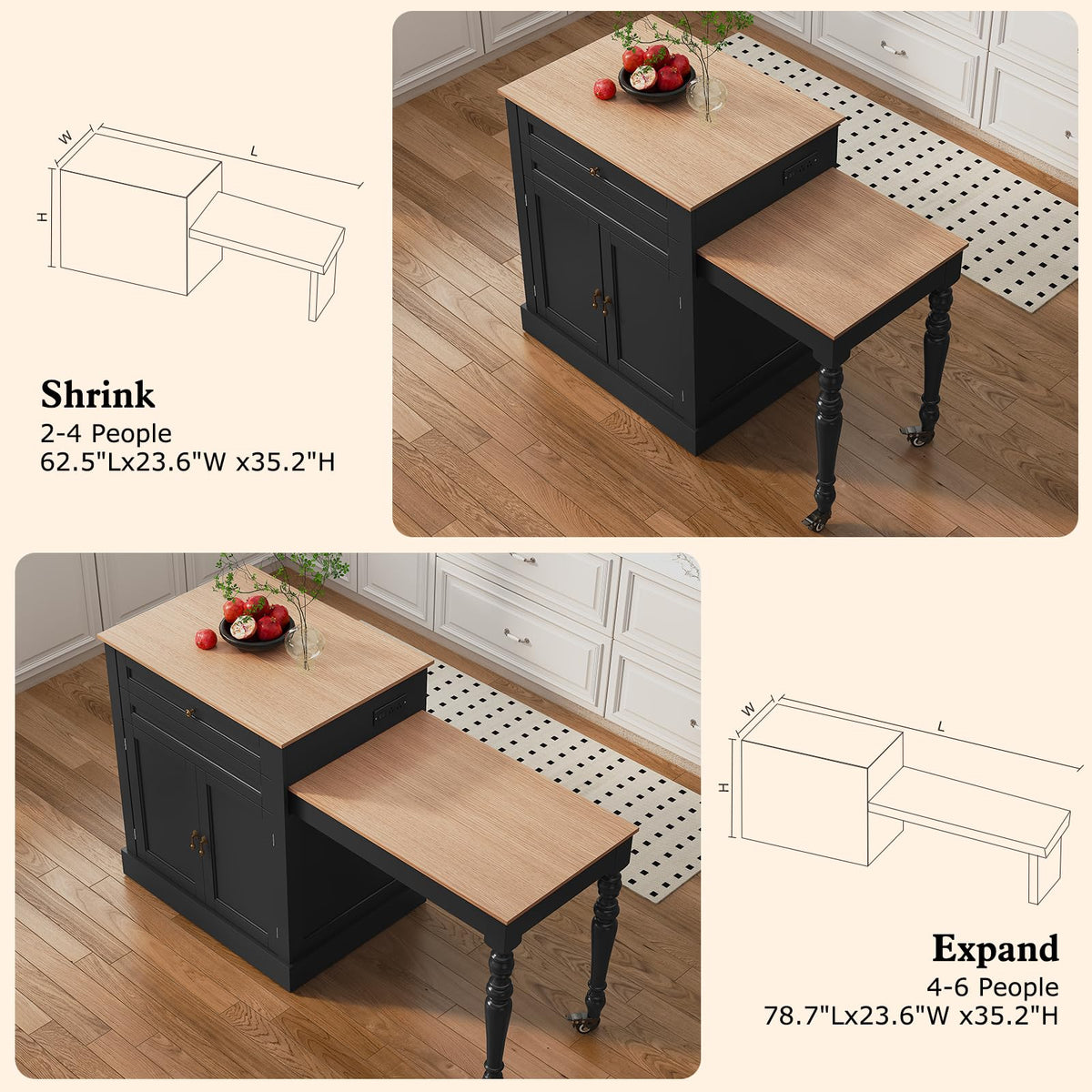 HLR 72" Kitchen Island with Extendable Table for 2-4, Island Table for Kitchen with Power Outlet and Storage Slide Out Legs, Rolling Islands Cart with 2 Doors (White)