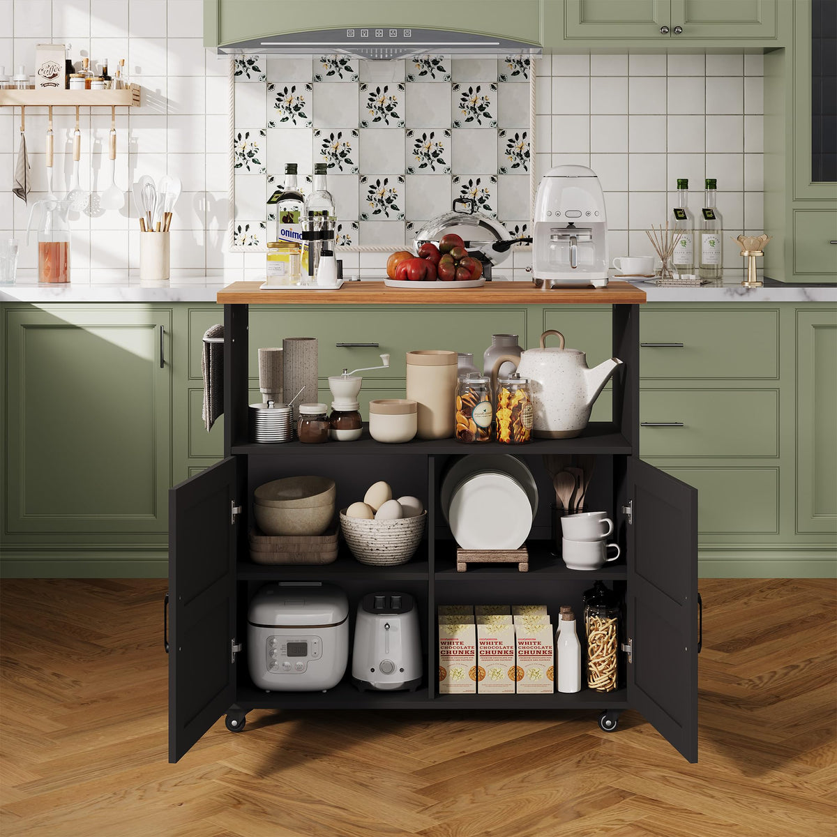 OUTLANE Kitchen Island with Drop Leaf, Rolling Storage Cart on Wheels