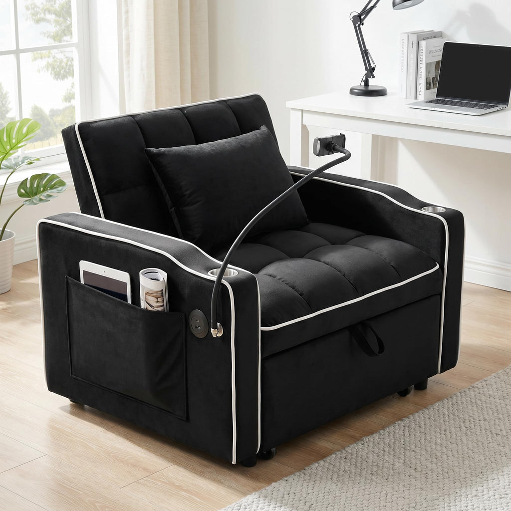 Convertible Sleeper Chair, Pull Out Sofa Bed with Adjustable Backrest & Hidden Storage Armrest, Single Sofa Recliner with USB Charging Port & Cup Holders for Living Room, Bedroom, Dark Gray