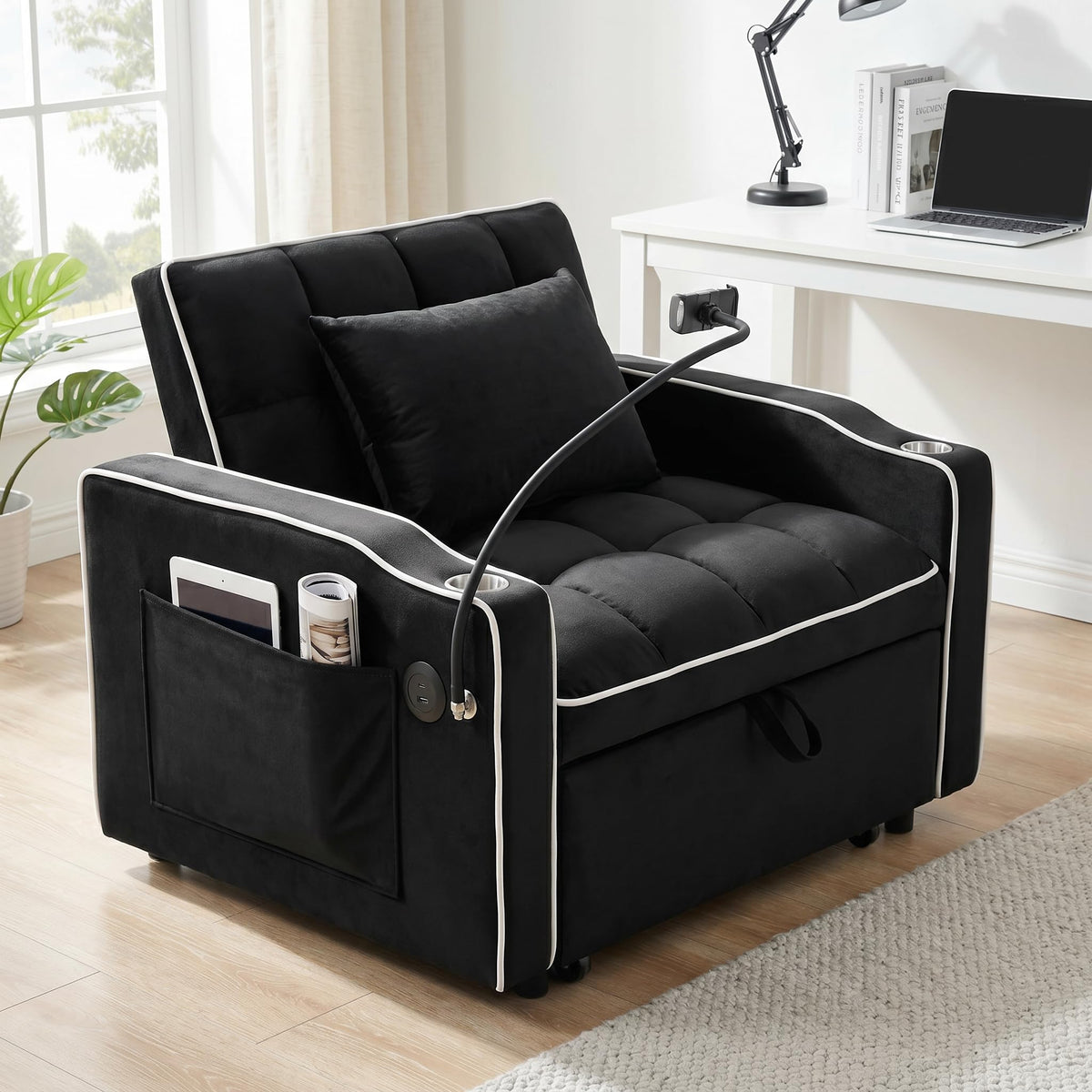 Convertible Sleeper Chair, Pull Out Sofa Bed with Adjustable Backrest & Hidden Storage Armrest, Single Sofa Recliner with USB Charging Port & Cup Holders for Living Room, Bedroom, Dark Gray
