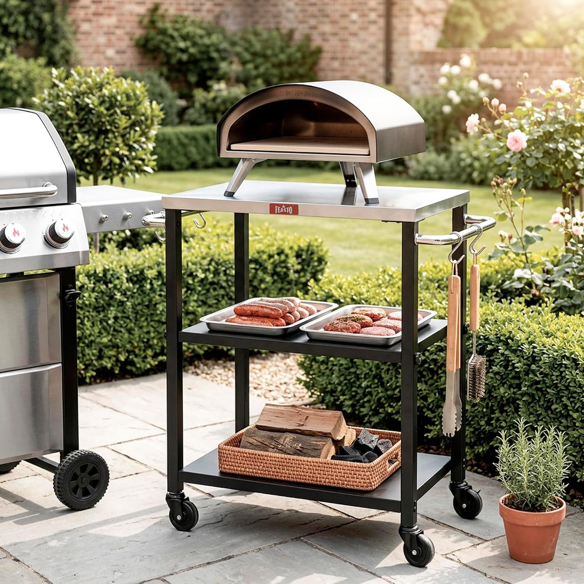 Feasto 3-Tier Outdoor Grill Cart, 26.6" x 16.1" Rolling Pizza Oven Table