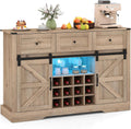 GIANTEX Wine Bar Cabinet with LED Lights, 52" Buffet Sideboard w/Sliding Barn Door, 3 Drawer, Adjustable Shelf, 12 Bottle Wine Rack & Glass Holder, Farmhouse Coffee Station for Living Room