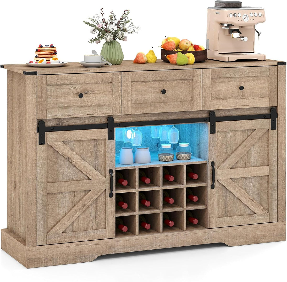 GIANTEX Wine Bar Cabinet with LED Lights, 52" Buffet Sideboard w/Sliding Barn Door, 3 Drawer, Adjustable Shelf, 12 Bottle Wine Rack & Glass Holder, Farmhouse Coffee Station for Living Room