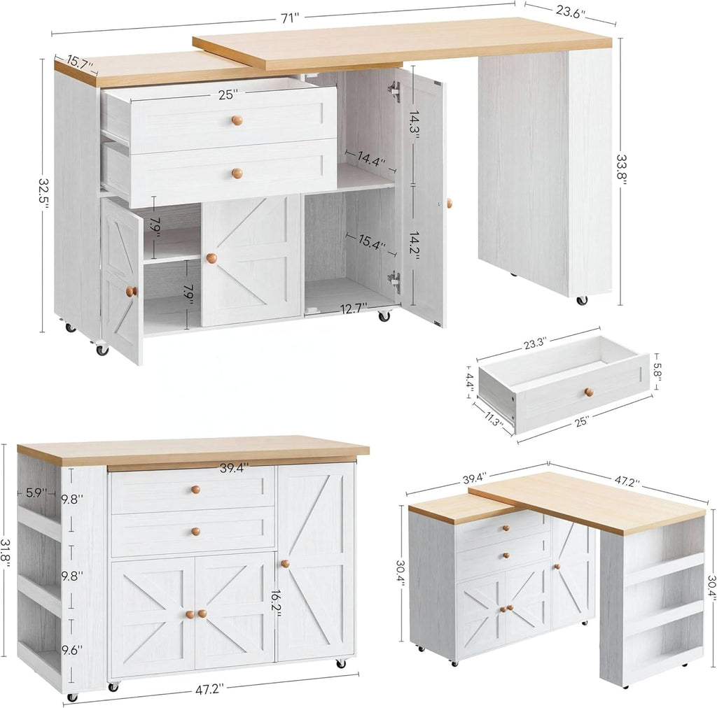 IRONCK Rolling Kitchen Island with 360Â° Swivel Table and Storage, White