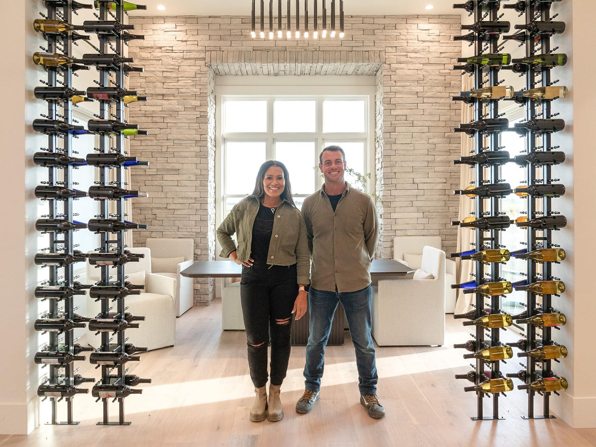 Ultra Wine Racks Floor-to-Ceiling Mount Display (1 Side, Double Deep, Black, Holds 42 Wine Bottles) - Modern Metal Wine Storage for Wine Cellars, Home Bars, Kitchens, and Dining Rooms