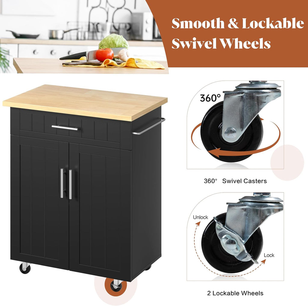 SUNLEI Kitchen Island Cart on Wheels with Storage Cabinet & Drawer, 26" Width Rolling Kitchen Table, Cart Handle for Towel Rack or Free Mobility, Kitchen Cart, Dining Room(Black)