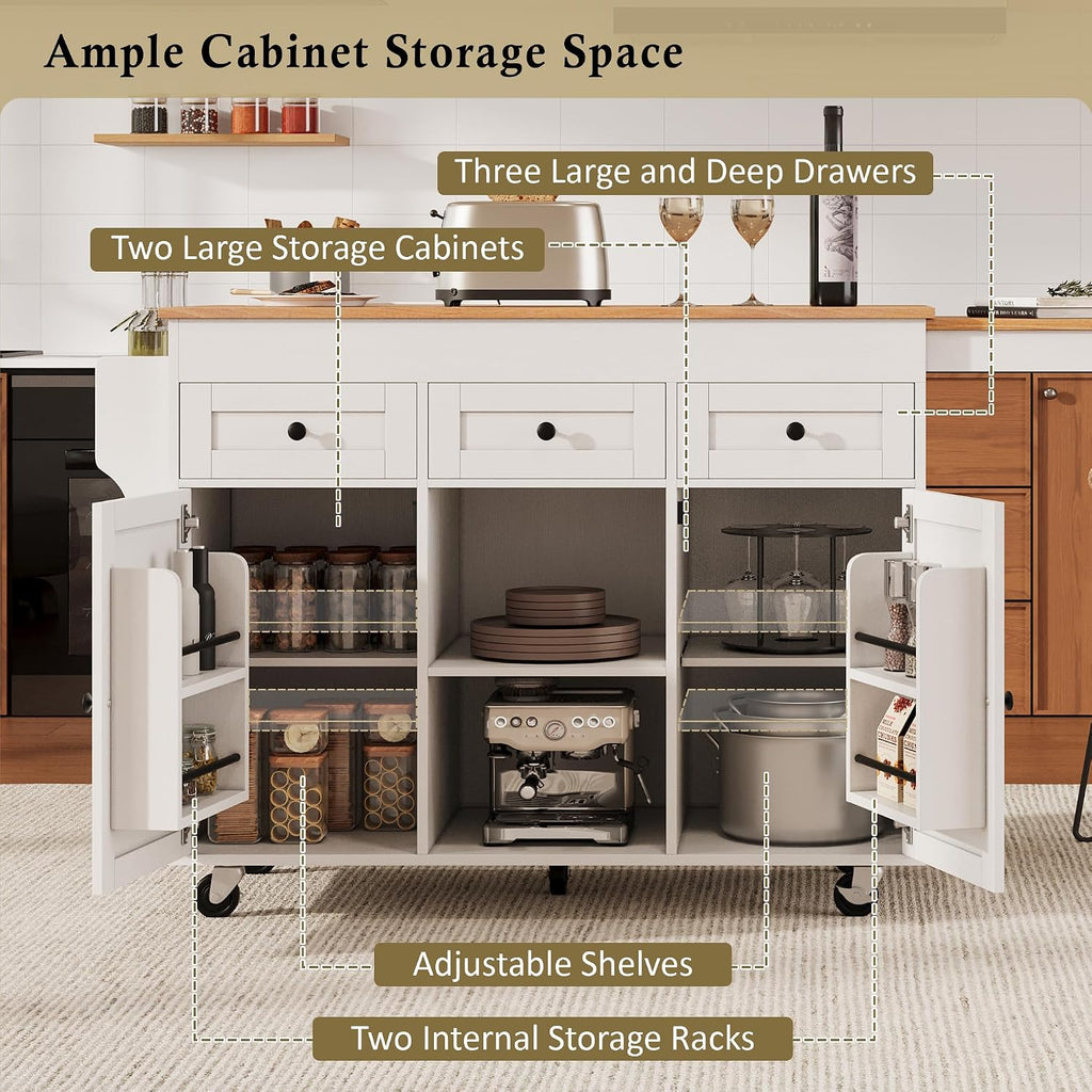 Merax 85.5" Kitchen Island with Extendable Dining Table & Universal Wheels, Storage with 3 Drawers & Open Shelves & Power Outlet, Mobile Cart for Dining Room, Small Space, Apartment, White