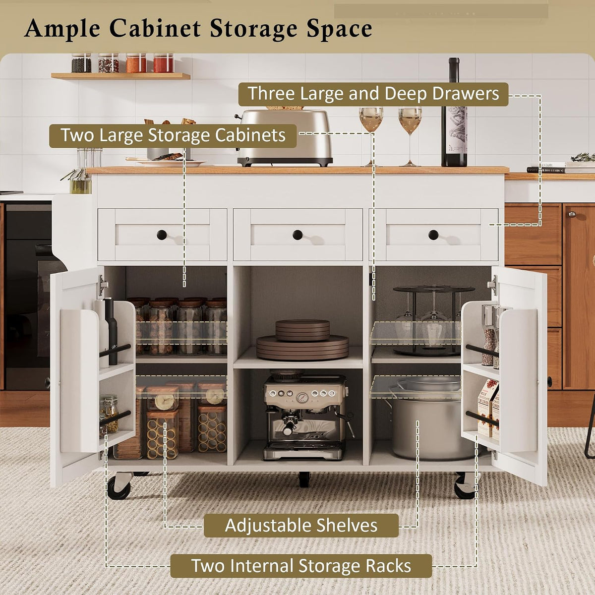 Merax 85.5" Kitchen Island with Extendable Dining Table & Universal Wheels, Storage with 3 Drawers & Open Shelves & Power Outlet, Mobile Cart for Dining Room, Small Space, Apartment, White