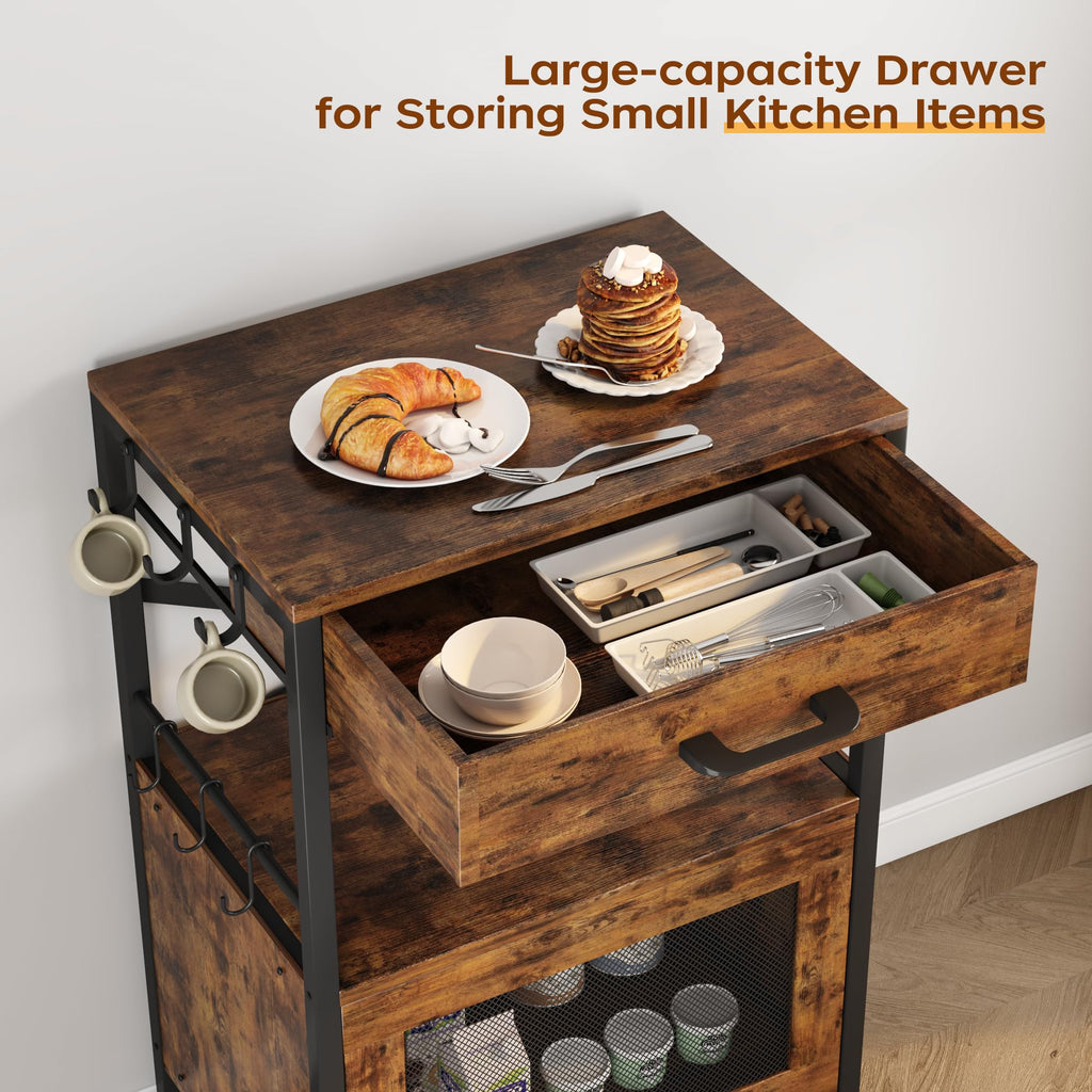 Homeiju Kitchen Island Cart, Kitchen Storage Cart with Drawer, Microwaves Stand, Coffee Cart, Rolling Kitchen Cabinet Cart with Hooks for Kitchen, Dining Room, White