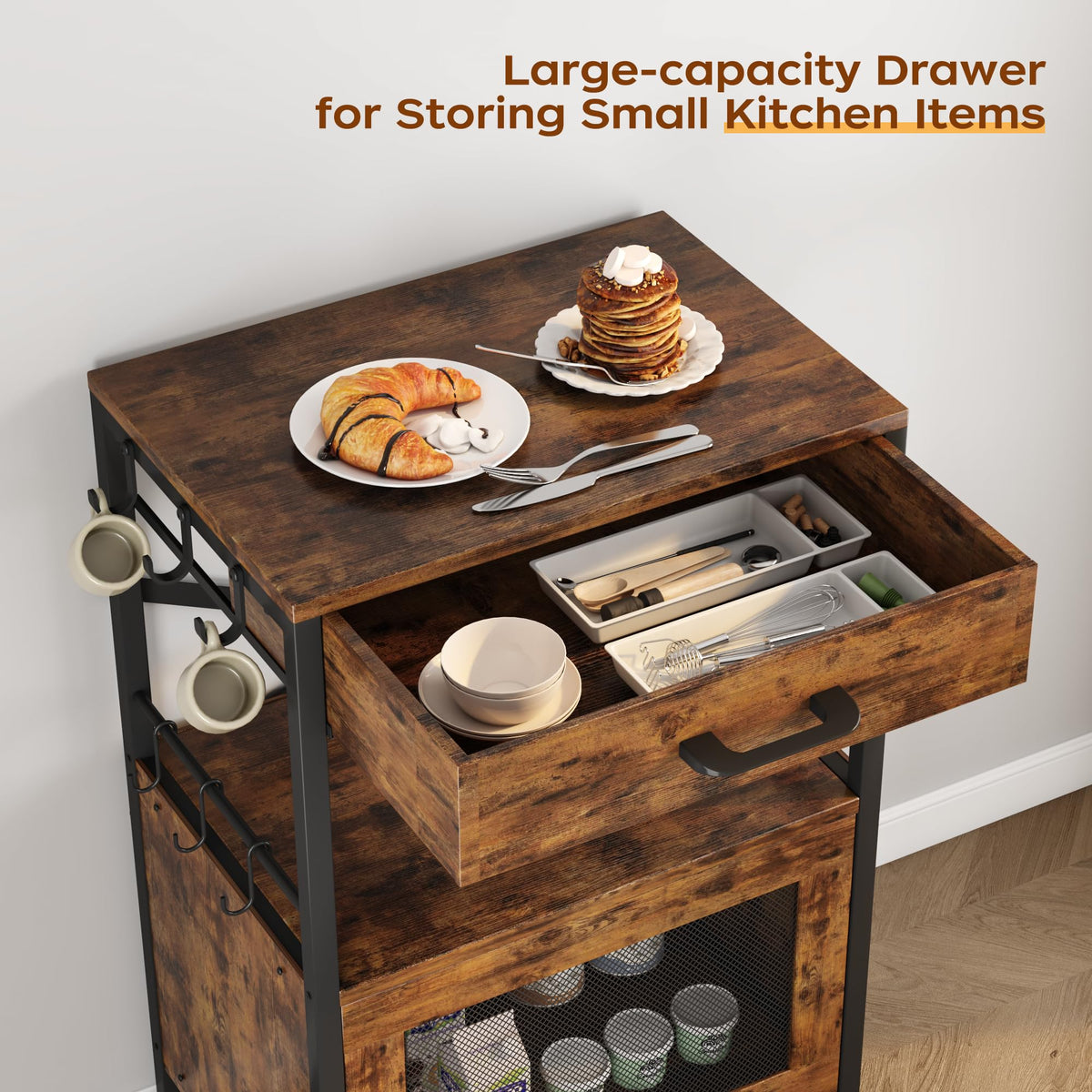 Homeiju Kitchen Island Cart, Kitchen Storage Cart with Drawer, Microwaves Stand, Coffee Cart, Rolling Kitchen Cabinet Cart with Hooks for Kitchen, Dining Room, White