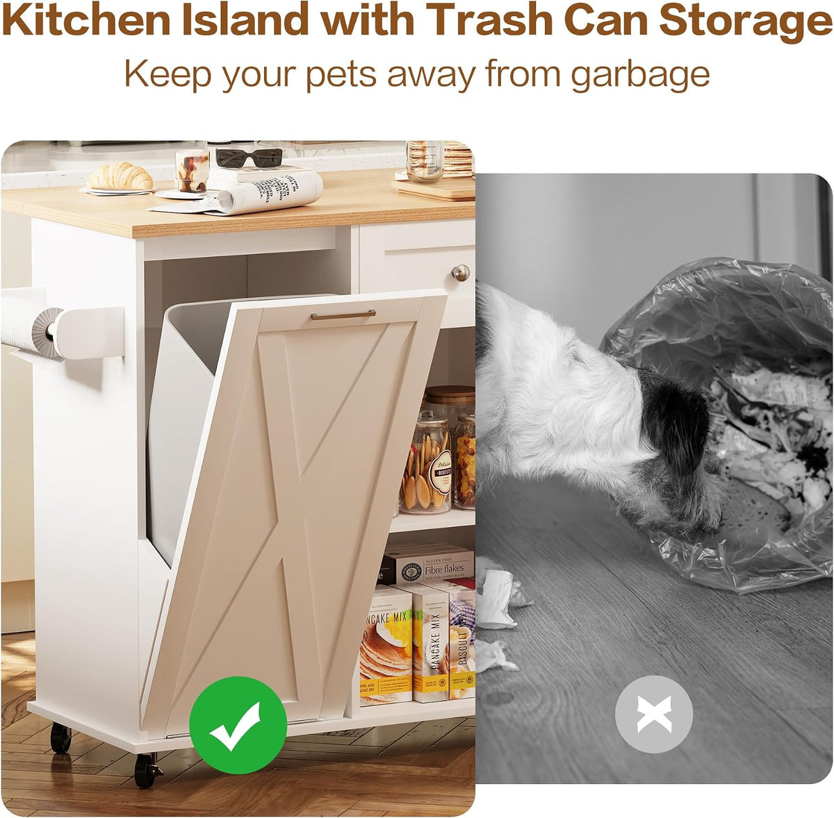 48" Modern Rolling Kitchen Island with Drop Leaf & Trash Can Storage, Mobile Island Table for Kitchen