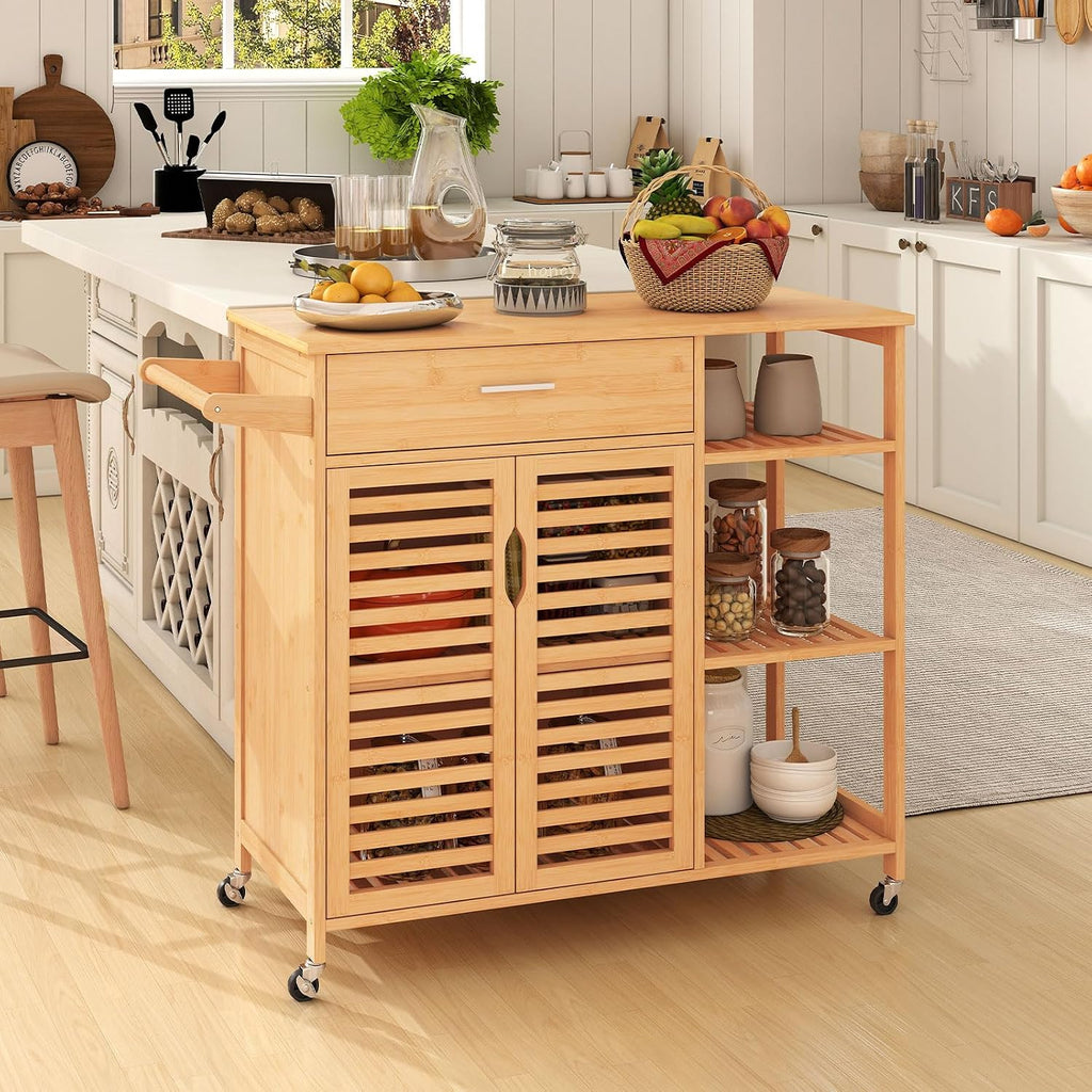 LOKO Mobile Bamboo Kitchen Island Cart, Rolling Storage Sideboard, Natural