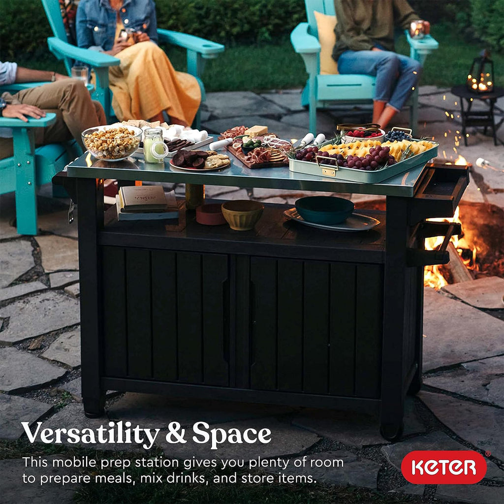 Keter Unity XL Portable Outdoor Table with Stainless Steel Top for Kitchen Prep and Outdoor Storage Cabinet for Grilling Accessories, Dark Grey