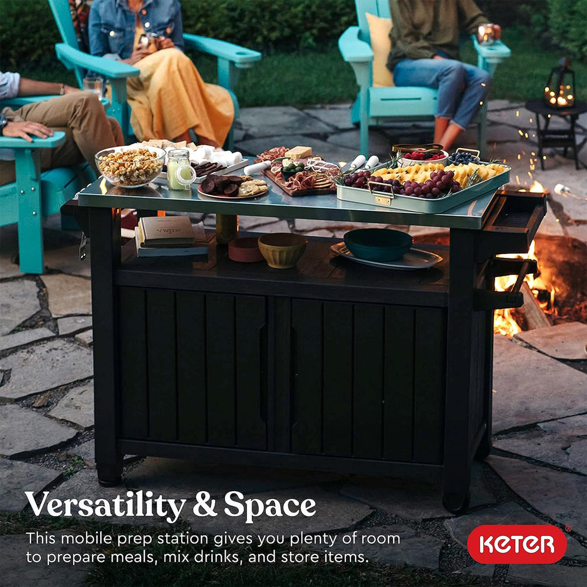 Keter Unity XL Portable Outdoor Table with Stainless Steel Top for Kitchen Prep and Outdoor Storage Cabinet for Grilling Accessories, Dark Grey