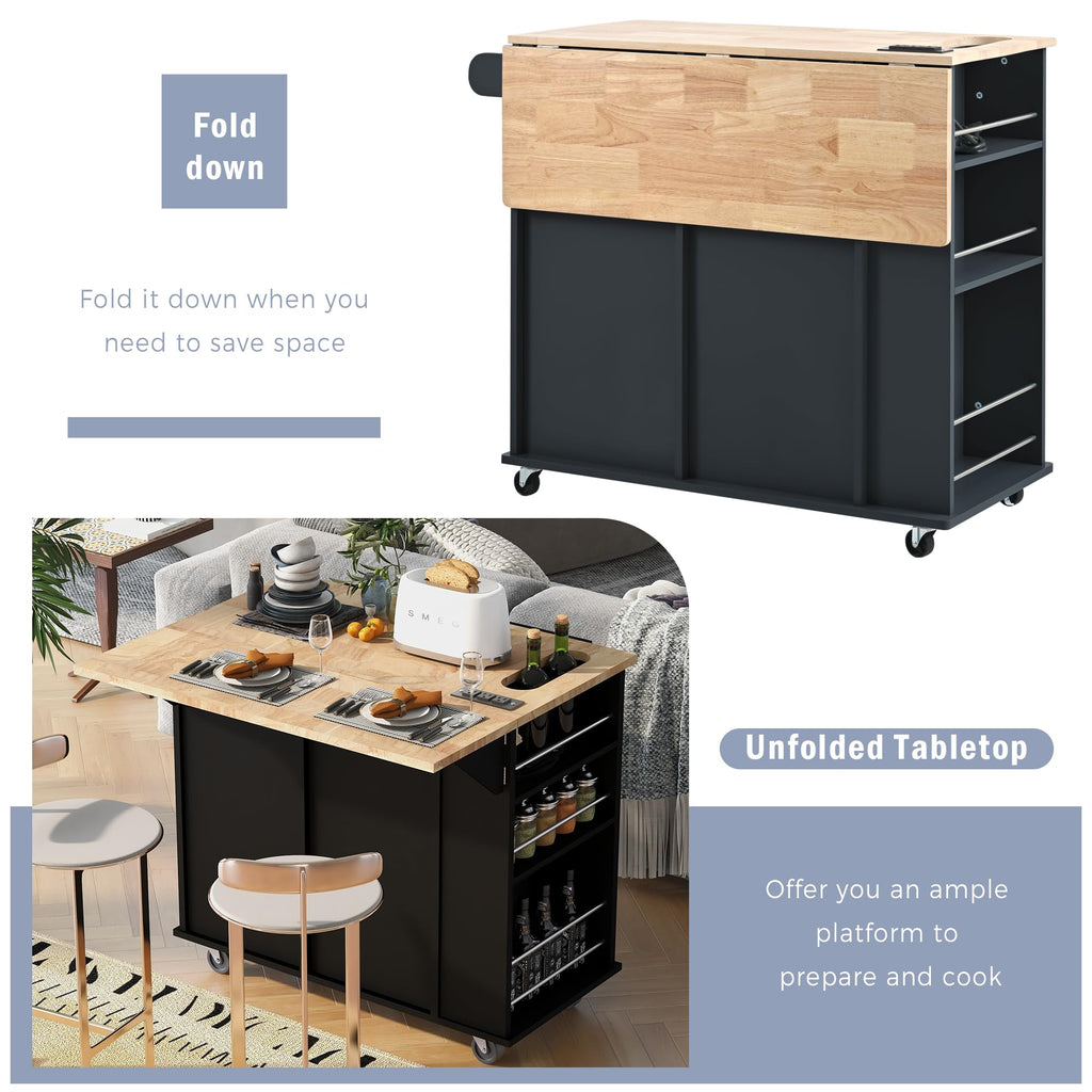 Ball & Cast Farmhouse Kitchen Island with Power Outlet,Dining Storage Island with Drop Leaf,Spice Rack and Drawer,Rolling Dining Cart on Wheels for Home,Kitchen,Dining Room,White,54"