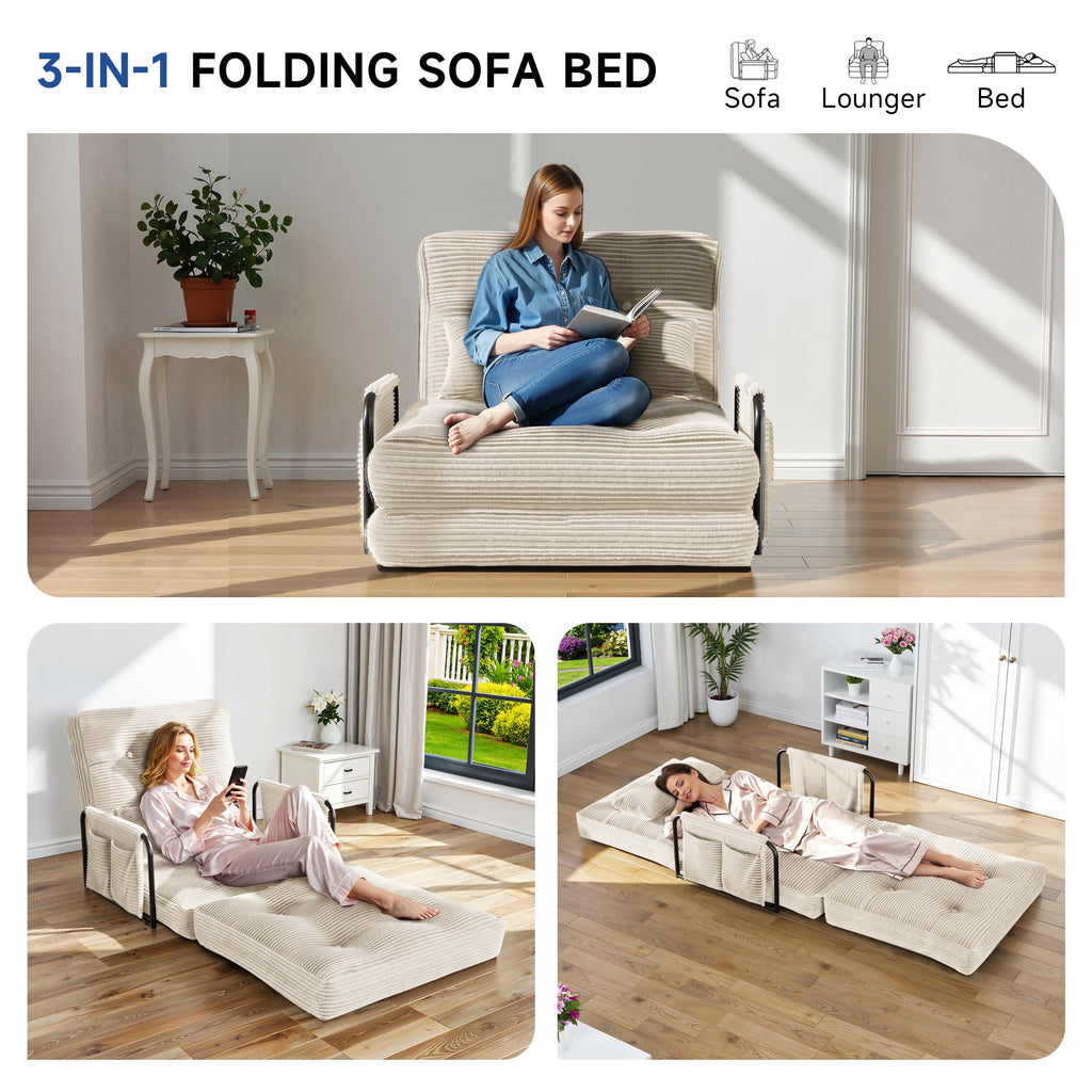 3-in-1 Folding Sofa Bed,Convertible Sleeper Chair with Armrests & Adjustable Backrest,Corduroy Futon Couch Floor Sofa Lounge with Pillow for Living Room Bedroom,Double,Dark Gray