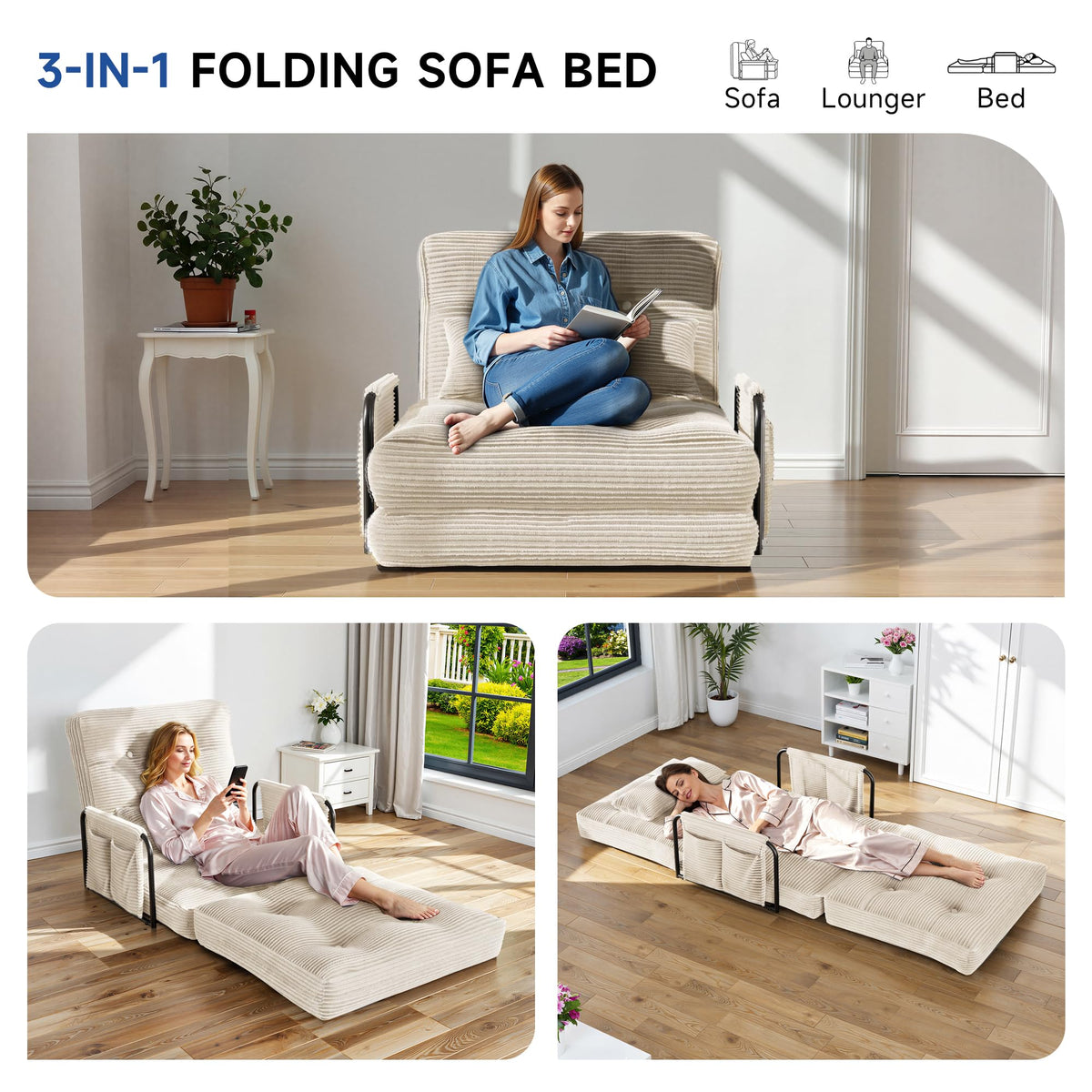 3-in-1 Folding Sofa Bed,Convertible Sleeper Chair with Armrests & Adjustable Backrest,Corduroy Futon Couch Floor Sofa Lounge with Pillow for Living Room Bedroom,Double,Dark Gray