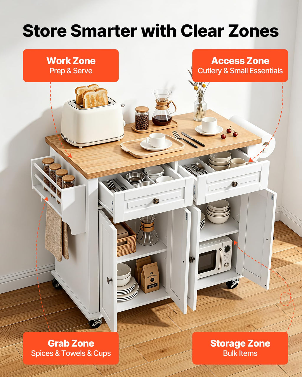 VEVOR Kitchen Island Cart with Storage, 43.58 in Wide Mobile Rolling Storage Island on Swivel Wheels, with 2 Drawers, Storage Cabinet, Drop Leaf, Spice/Towel Rack, Table for Home Dining Room, White