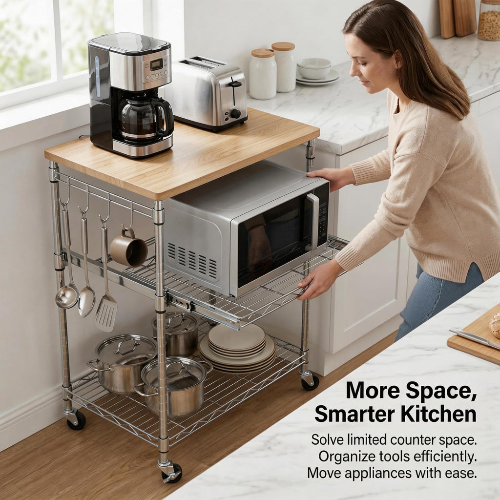 Finnhomy 3-Tier Rolling Kitchen Cart With 18" D x 30" W Oak Wood Tabletop, Kitchen Island With 4" Wheels and Slider Shelf, Microwave & Coffee Cart With Hooks for Dining Room, Chrome