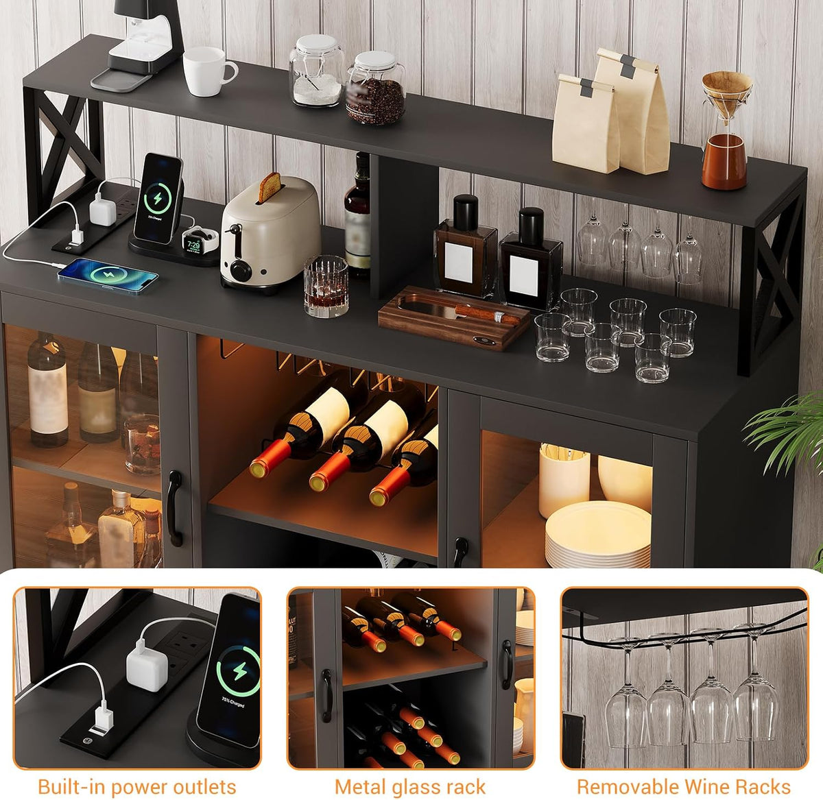 Garvee Wine Cabinet with LED Light, Bar Cabinet with Wine Rack, Glass Holder, and Power Outlets, for Living Room Dining Room, Black