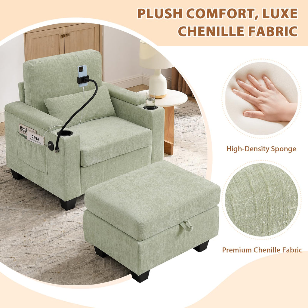 Oversized Chaise Lounge Chair Indoor, Single Convertible Recliner Reading Arm Sofa Chair W/Adjustable Backrest & Charging Port Couch Bed for Living Room, Home Theater & Bedroom, Brown
