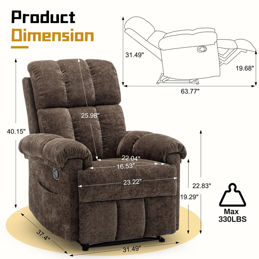 Korser Recliner Chair, Living Room Recliner Chairs for Adults, Small Recliners for Small Spaces, Upholstered Manual Recliner with Side Pockets, Comfy Nursery Chair for Living Room, Chenille, Beige